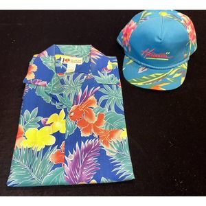 Vintage 1970s Hawaii Button Up Shirt & Hat Sz Large In Mint Unworn Condition!